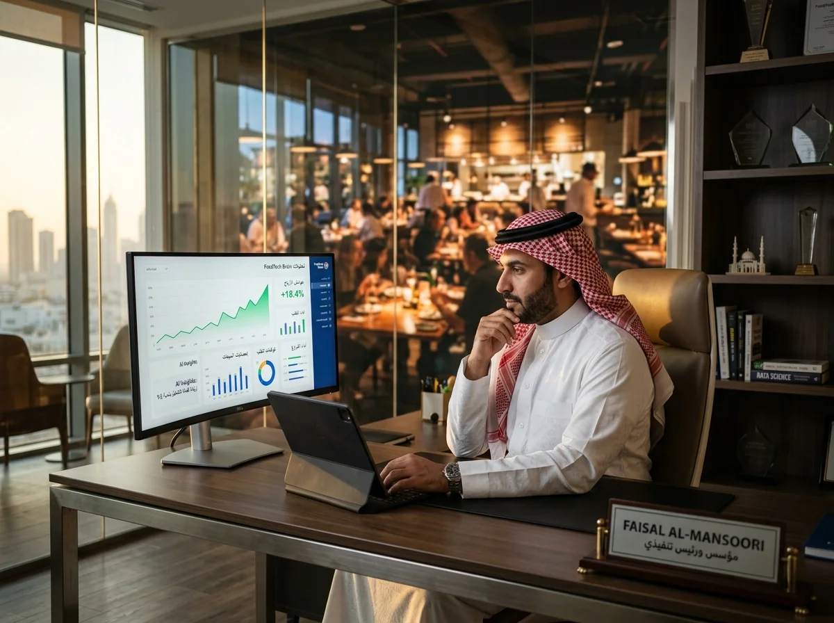صاحب مطعم عربي يراجع لوحة توصيات وذكاء FoodTech Brain