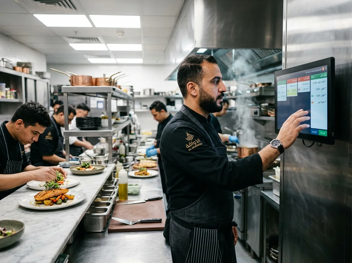 شيف عربي يتابع شاشة Kitchen Display System باللغة العربية