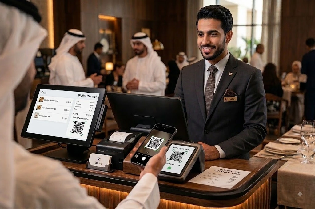 شاشة عميل تعرض السلة والمبلغ ورمز QR عند توفره