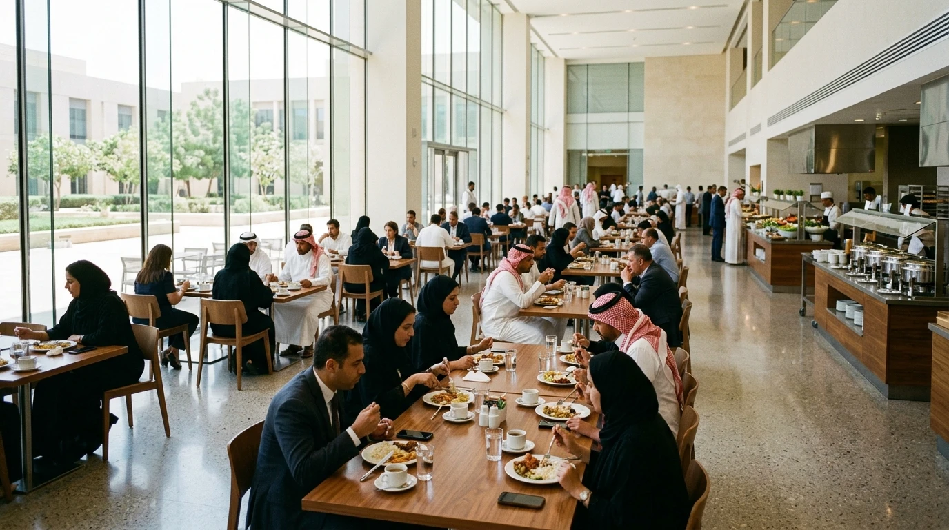 كافتيريا جامعية ومستشفى مع طلب ذاتي عبر QR ونقاط خدمة رقمية وتجربة دفع واستلام منظمة