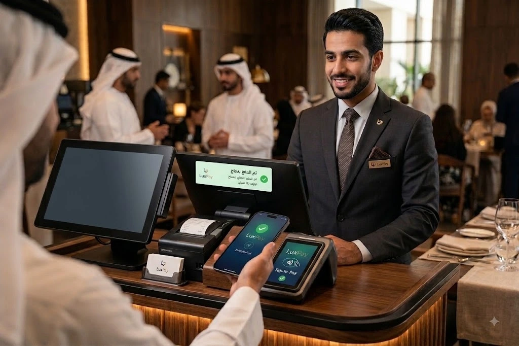 نقطة بيع FoodTech مع شاشة طلب وخيارات دفع متاحة